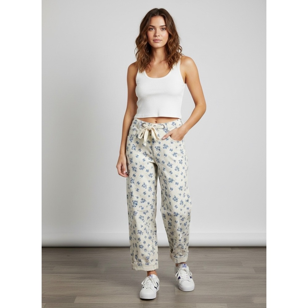 Peach Love California Floral‎ Denim Pants Blue Rose Drawstring Wide Leg Jeans M